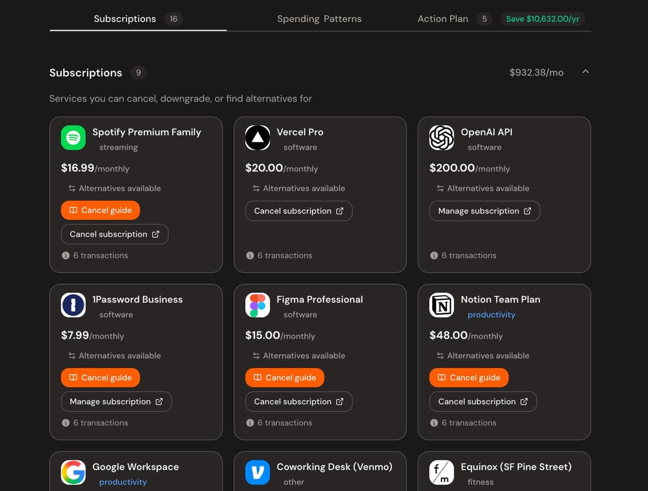Subscription analysis showing detected services with cancel links